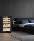 Dope Electric Cigar Humidor Cabinet with Compressor Cooling 70 Liter Capacity in bedroom setting, Spanish cedar shelves visible