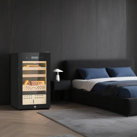 Dope Electric Cigar Humidor Cabinet with Compressor Cooling 70 Liter Capacity in bedroom setting, Spanish cedar shelves visible