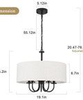 Dimensions of drum-shaped pendant light with adjustable chain and white shade