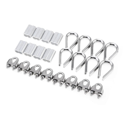 24 Piece M8 Wire Rope Cable Clamp Ferrule Kit with eight five sixteenth inch clamps, eight stainless steel thimbles, and eight crimping loop sleeves