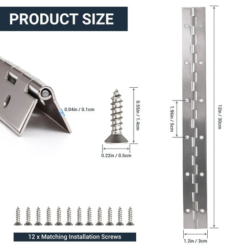 Super Solid 12 Inch Stainless Steel Piano Hinge With Pre Drilled Holes And Screw Kit measurements and installation screws displayed.