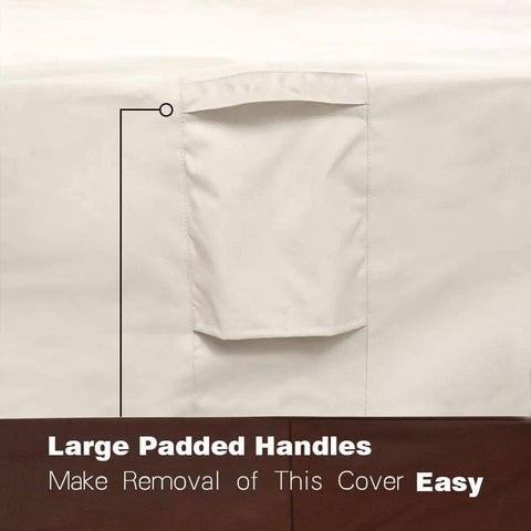 Close-up of heavy duty waterproof rectangular outdoor patio coffee table cover with padded handle, beige and brown 600D Oxford fabric