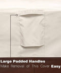 Close-up of a beige waterproof patio furniture cover with padded handle for rectangular dining table and chairs heavy duty 600D Oxford UV stabilized