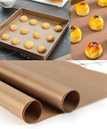 Eight Sheets PTFE Teflon Sheet For Heat Press Transfers nonstick mat used for baking pastries and bread, close-up of sheets and usage examples.