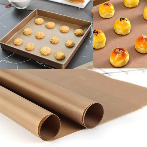 Eight Sheets PTFE Teflon Sheet For Heat Press Transfers nonstick mat used for baking pastries and bread, close-up of sheets and usage examples.