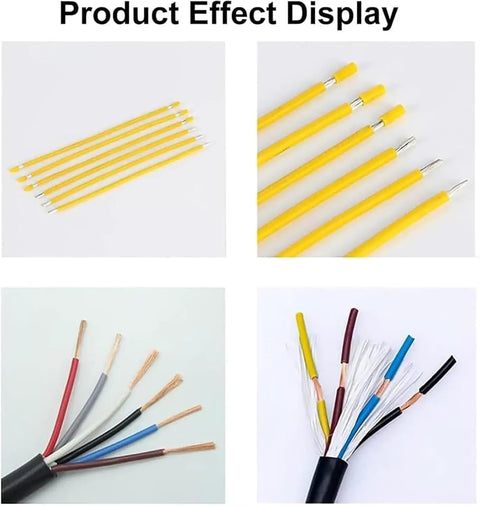 Heavy Duty Digital Wire Stripper Twister Tool with Adjustable V Blade showing yellow wire ends and stripped multi-colored wires.