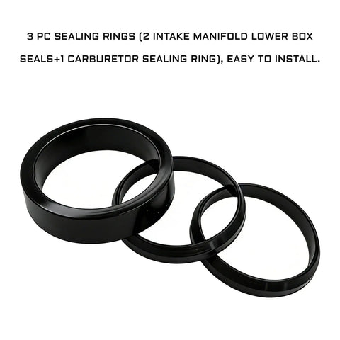 Carburetor Intake Manifold Gasket Seal Kit For Big Twin Bikes 1990 To 2006 And Sportster XL 883 XLH 1200 1988 To 2006 Electra Glide Black Rubber Lower Seals Set Replacement OEM HD Parts, showing three black rubber seals.