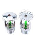 Two chrome fire sprinklers with green thermal trigger, part of the Five Pack Bronze Pendent Sprinklers Brimming With 93 Degree Thermal Trigger And Snug One Half Inch Connections Crafted For Hardworking Gyms And Public Venues To Provide Hella Dependable Fire Suppression Without Giving You Any Grief During Setup.