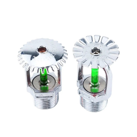 Two chrome fire sprinklers with green thermal trigger, part of the Five Pack Bronze Pendent Sprinklers Brimming With 93 Degree Thermal Trigger And Snug One Half Inch Connections Crafted For Hardworking Gyms And Public Venues To Provide Hella Dependable Fire Suppression Without Giving You Any Grief During Setup.