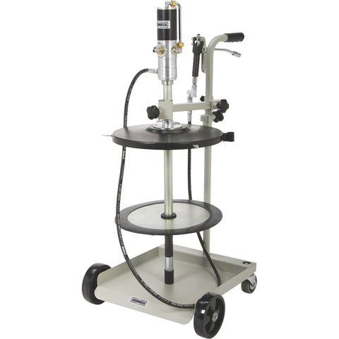 Front view of air operated grease pump kit for 120-lb drums, 50 to 1 ratio, portable system with drum cover and trolley for easy dispensing.