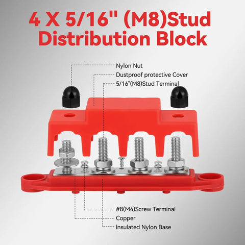 Road Ready 250A DC Power Distribution Bus Bar For Cars And Trucks With Four M8 Studs Ring Terminals And Slick Protective Cover For Marine Rv Wiring Setups, red with nylon cover.