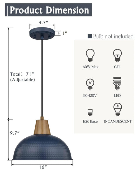 Industrial pendant light dimensions, blue 4FG58MIL-L design, adjustable height, dark metal with brass accent, bulb types noted.