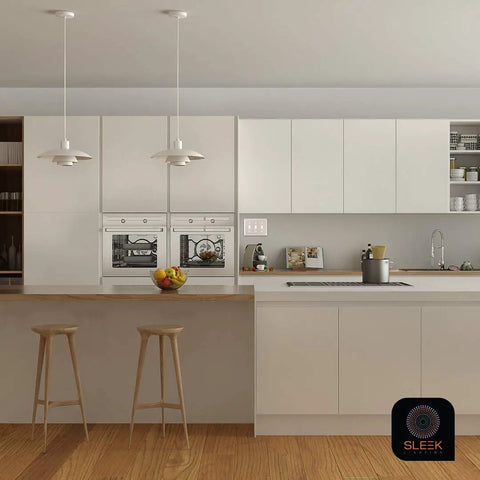 Modern kitchen featuring Brushed Nickel Wall Plate Set 4 Pack 1 Gang Duplex Decorator Outlet Covers on white walls