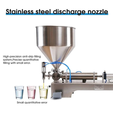 Heavy Duty Pneumatic Liquid Filler Machine, Automatic Quantitative Bottle Filling Unit, 100ml Precision Build, stainless steel discharge nozzle.