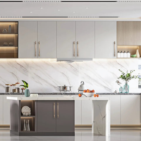 Modern kitchen with Six Pack Brushed Brass Cabinet Pulls 7.5 Inch Center To Center Hardware on white cabinets.