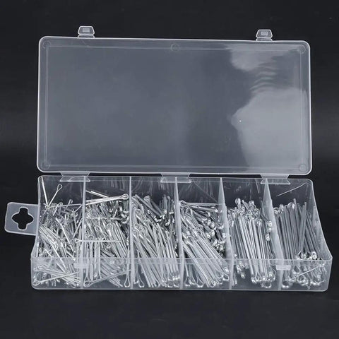 Heavy Duty Split Pin Assortment Kit With 556 Rust Resistant Cotter Pins In Various Sizes For Industrial Machinery And Workshop Projects Inside Large Storage Case, organized in a clear box.