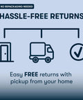 Hassle-free returns graphic with home pickup icon, truck, and checkmark for Cool Twist Gel Memory Foam King Mattress With Breathable Comfort And Quiet Motion Isolation CertiPUR-US Certified 100 Night Trial 10 Year Limited Warranty Made In USA With Global Components For Cool Sleep And Solid Support