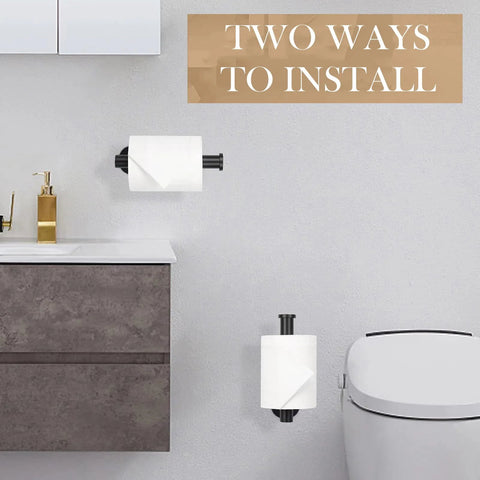 Bathroom showcase with two installation options of the Self Adhesive Toilet Paper Holder Wall Mount Matte Black Stainless Steel SUS 304