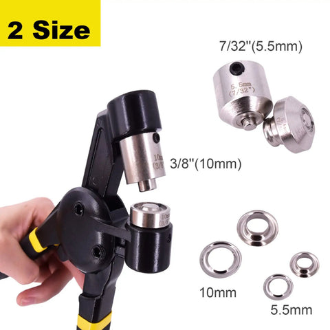 Workhorse All In One Grommet Tool Kit With Two Dies For Ten And Five Point Five Millimeter Grommets, press plier with dies