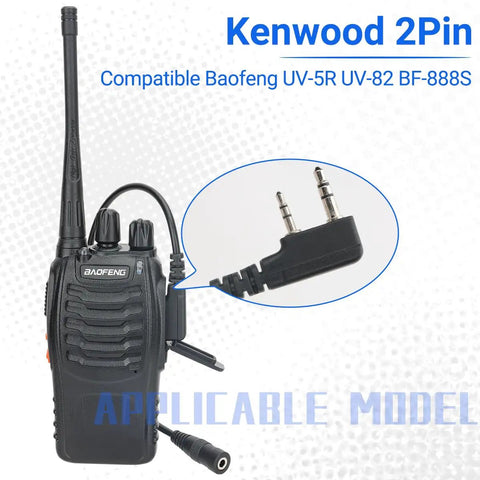 Two Pin To Three Point Five Millimeter Earpiece Adapter For Walkie Talkie Gear with compatible models shown on radio.