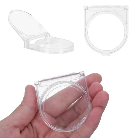 Clear industrial power button cover with adhesive panel mount for safety, shown open and closed in hand