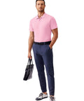 Model wearing Men's Golf Polo Shirt With Moisture Wicking Quick Dry Fabric Lightweight Breathable 100 Percent Polyester Short Sleeve Slim Fit