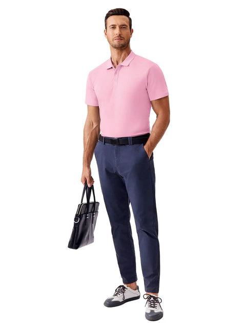 Model wearing Men's Golf Polo Shirt With Moisture Wicking Quick Dry Fabric Lightweight Breathable 100 Percent Polyester Short Sleeve Slim Fit