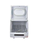 No Sweat Portable Mini Countertop Dishwasher Featuring Fast Wash Cycles And A Handy Five Liter Water Tank open with basket inside.