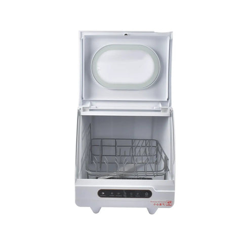 No Sweat Portable Mini Countertop Dishwasher Featuring Fast Wash Cycles And A Handy Five Liter Water Tank open with basket inside.