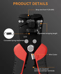 Product details of Self Adjusting Wire Stripper 3 In 1 Automatic Tool For 9-20 AWG Cables with labeled features.
