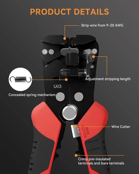 Product details of Self Adjusting Wire Stripper 3 In 1 Automatic Tool For 9-20 AWG Cables with labeled features.
