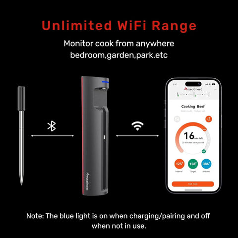 WiFi Bluetooth Smart Meat Thermometer With AI Cooking Assistant And App Control, IP67 Waterproof Probe, phone app display