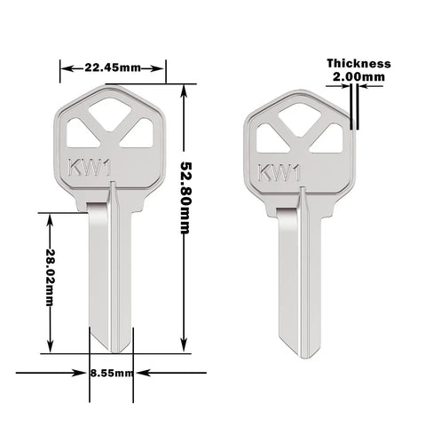 Premium Copper Key Blanks Pack Of 50 For Locksmiths And DIY Projects showing dimensions and KW1 marking.