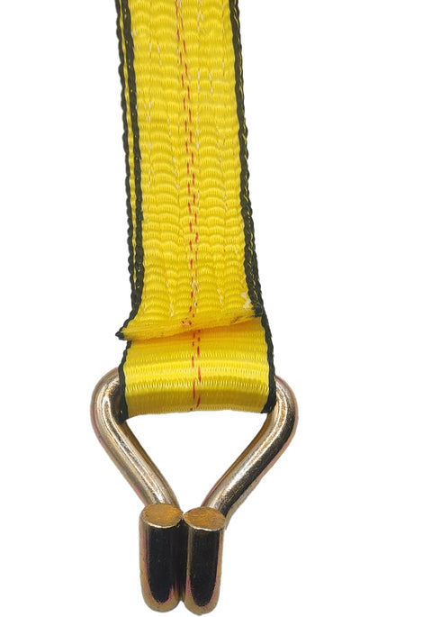 Close-up of double J hook on Premium Ratchet Tie Down Strap With Aluminum Handle And Double J Hook, 2 Inch By 30 Foot for trailers.