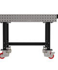 Heavy Duty Mobile Welding Station Rig With Precision Laser Cut Holes And Heavy Suspension For A Badass Workshop Setup And Custom Metal Craftsmanship Plus Locking Casters side view with caster wheels.