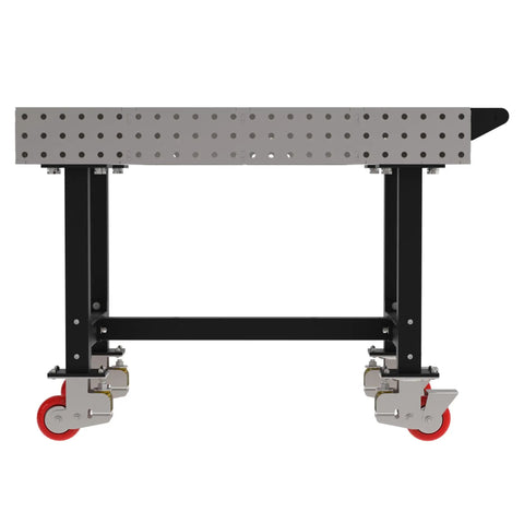 Heavy Duty Mobile Welding Station Rig With Precision Laser Cut Holes And Heavy Suspension For A Badass Workshop Setup And Custom Metal Craftsmanship Plus Locking Casters side view with caster wheels.