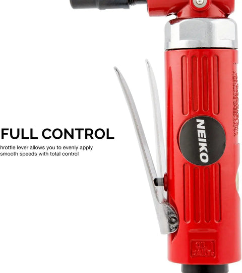 Side view of 1/4 Inch Air Right Angle Die Grinder with pistol grip and rear exhaust showing full control throttle; 20,000 RPM, 4 CFM.