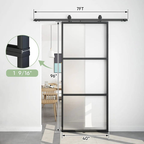 40 Inch By 96 Inch Frosted Glass Barn Door With Top Mounted Hardware Kit, Soft Close Mechanism, Black Carbon Steel Frame, installed