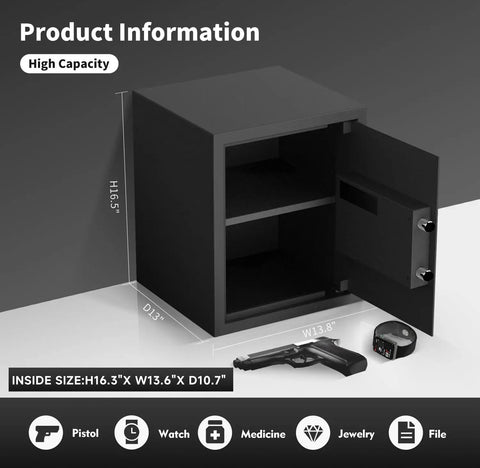 Beefy 1.7 Cubic Feet Digital Safe With Keypad And Override Keys shown with open door and removable shelf.