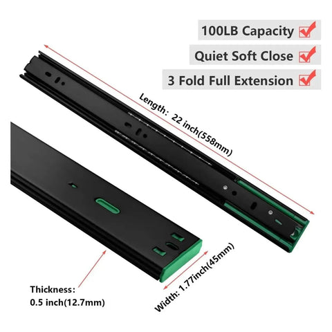 10 Pair 22 Inch Full Extension Drawer Slides with Side Mount and Soft Close, showing specifications and measurements, 100LB capacity