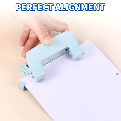 Two-Hole Paper Puncher With Adjustable Guide and Labor-Saving Handle, Heavy-Duty 5-Sheet Capacity Office Punch For Binders And Loose-Leaf, Durable Metal Construction Delivers Precise 0.23 Inch Holes Every Time, Real Workhorse Tool, Blue in use with paper