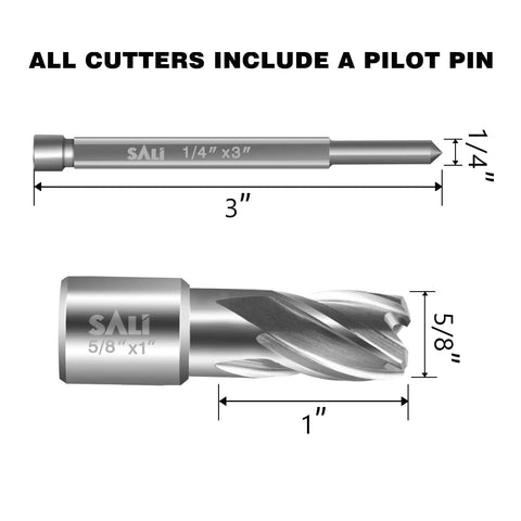 Built Tough Pro Grade Annular Cutter And Mag Drill Bit 5/8 Inch Hole Size and pilot pin details with dimensions.