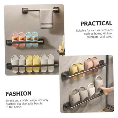 Self Adhesive Bathroom Wall Towel Rack in Gray No Drill Metal Organizer with hooks holding towels and slippers, installed view