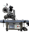 Automatic Desktop Conveyor Labeling Machine With Adjustable Belt For Flat Surfaces 110V Plug And Play Bottle Applicator, side view.