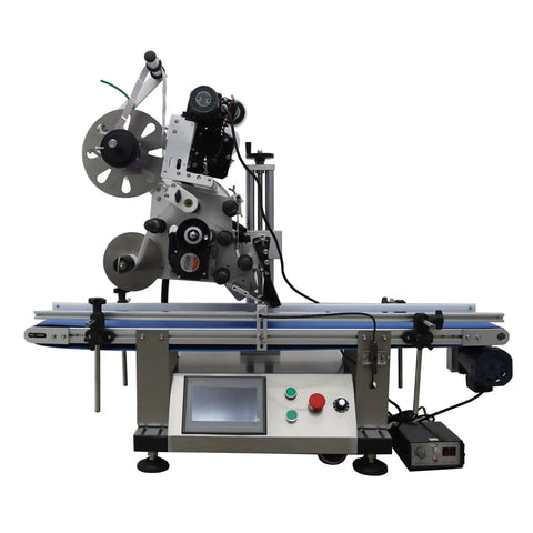Automatic Desktop Conveyor Labeling Machine With Adjustable Belt For Flat Surfaces 110V Plug And Play Bottle Applicator, side view.
