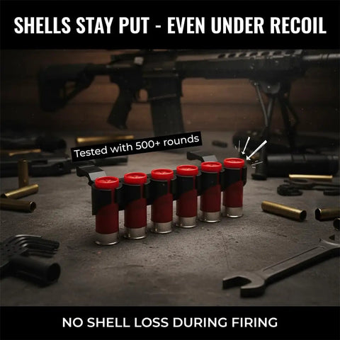 Side Saddle 12 Gauge Shotgun Shell Holder For Picatinny Rails Carries Up To Six Shells Quick Access Shell Carrier on table