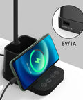 LED Desk Lamp With USB Charging Port And Pen Holder, phone charging, flexible gooseneck, controls, detail of USB port output 5V/1A