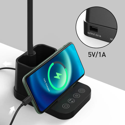 LED Desk Lamp With USB Charging Port And Pen Holder, phone charging, flexible gooseneck, controls, detail of USB port output 5V/1A