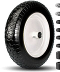 Flat Free Wheelbarrow Tire And Wheel 14.5 Inch 4.80/4.00-8 With 5/8 Bore And 3/4 Extra Bearings, black tread, white hub