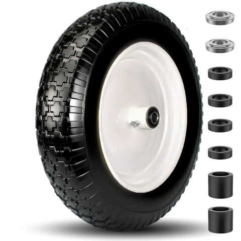 Flat Free Wheelbarrow Tire And Wheel 14.5 Inch 4.80/4.00-8 With 5/8 Bore And 3/4 Extra Bearings, black tread, white hub